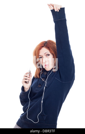 Donna con cuffie godersi musica, isolati su sfondo bianco. Foto Stock