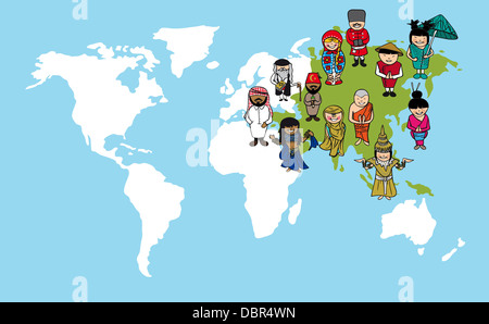 Il concetto di diversità mappa del mondo, cartoon di persone in Asia il continente. Illustrazione Vettoriale stratificata per operazioni di editing semplici. Foto Stock