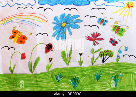 Multicolore di disegno per bambini con farfalle e fiori Foto Stock