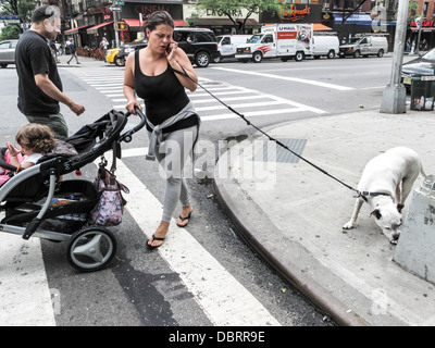 Donna sul cellulare spingendo un passeggino & walking cane catturato tra esigenze contrastanti di dog & semaforo 3rd Avenue Manhattan Foto Stock