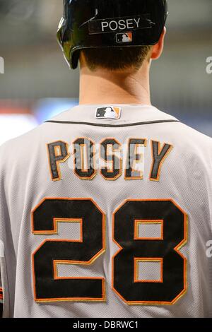 3 agosto 2013 - San Pietroburgo, FL, Stati Uniti d'America: San Francisco Giants catcher Buster Posey (28) durante il Major League Baseball gioco d'azione tra i San Francisco Giants e il Tampa Bay Rays al Tropicana Campo in St Petersburg, FL. Foto Stock