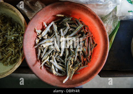 Pesce essiccato in vendita Hanoi Vietnam // pesce essiccato in vendita al mercato mattutino di Hanoi, Vietnam. Foto Stock