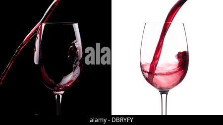 Vino rosso schizzi impostato su nero e sfondo bianco Foto Stock