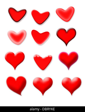Set di cuori rossi con forme differenti isolati su sfondo bianco Foto Stock