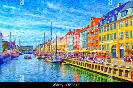 Una pittura digitale di Nyhavn in Danimarca che è un popolare bere e mangiare area per turisti in Copenhagen dalla banca Canale di Beagle. Foto Stock