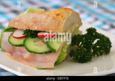 Ciabatta con prosciutto, ravanelli e cetrioli, close up Foto Stock