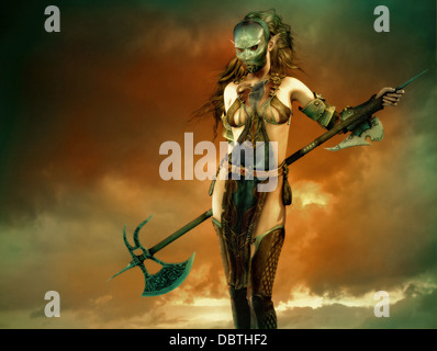 3d fantasy computer grafica di una donna con una maschera di ferro e una lunga battaglia ax Foto Stock