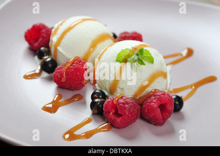 Gelato gelato con fresche lamponi e ribes nero Foto Stock