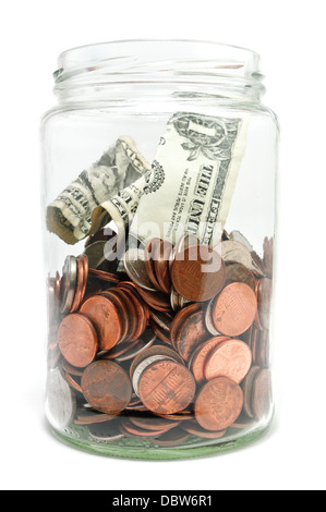 Risparmi soldi vaso pieno di noi delle monete in euro e dollari Foto Stock