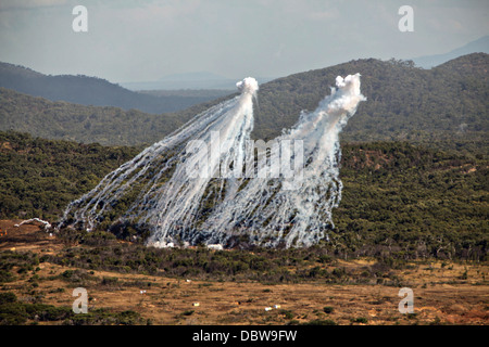 I serbatoi da Marina US 155mm obice cannoni pioggia fosforo bianco su un bersaglio durante un'esercitazione a fuoco a talismano Saber esercizi Agosto 4, 2013 in Townshend, Australia. Foto Stock