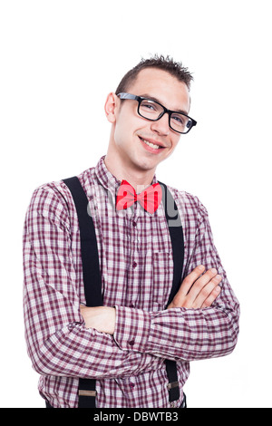 Ritratto di felice nerd uomo, isolati su sfondo bianco. Foto Stock