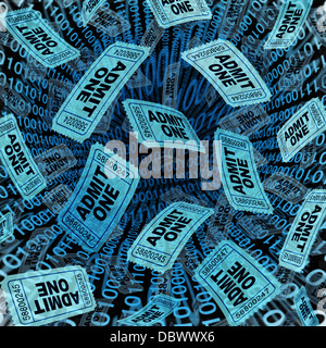 Filmati Internet concetto e digital download di film dal cloud virtuali o applicazioni basate su web con il cinema e il teatro biglietti galleggianti in aria su un codice binario come sfondo una tecnologia simbolo del nuovo supporto di distribuzione. Foto Stock