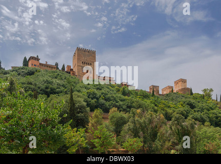 Alhambra dal basso, il Paseo de los Tristes, Granada, Spagna. Foto Stock