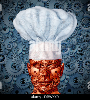 Tecnologia degli Alimenti e Nutrizione il concetto di elaborazione con un uomo come robot fatta di ingranaggi e ruote cog indossando cappello da cuoco come simbolo di una cucina moderna e cucina in futuro. Foto Stock