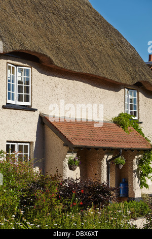 Un cottage con tetto di paglia a Woodbury, vicino a Exeter, nel Devon, Gran Bretagna. Foto Stock