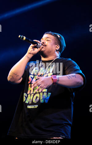 Hertfordshire, Regno Unito, 04/08/2013 : Standon Calling Festival. De La Soul portare il festival a chiudere sul palco principale. De La Soul è un americano di hip hop trio formato in 1987 a Long Island, New York. Persone nella foto: David Jude Jolicoeur, Trugoy, Trugoy la colomba. Foto di Julie Edwards Foto Stock