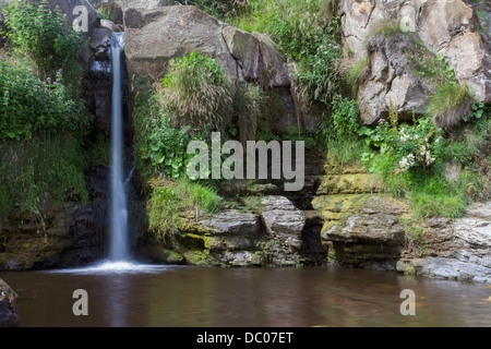 Una cascata precipita in una piscina sulla spiaggia di ciottoli e roccia spiaggia cosparsa a Hayburn Wyke, tra Scarborough e Robin cappe Bay Foto Stock