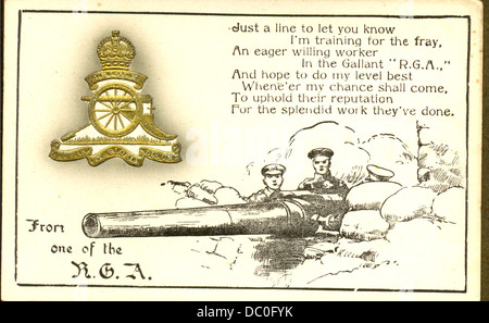 La Prima guerra mondiale patriottica cartolina del reggimento di guarnigione Royal Artillery Foto Stock