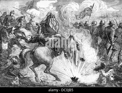 1800s 1860 aprile 1862 battaglia di Shiloh PITTSBURG SBARCO truppe confederate avanzando in esplosione di CANNON FIRE Foto Stock