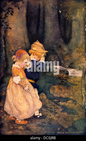 Illustrazione di Hansel e Gretel per perdersi nel bosco fiaba di Jesse W. Smith Foto Stock
