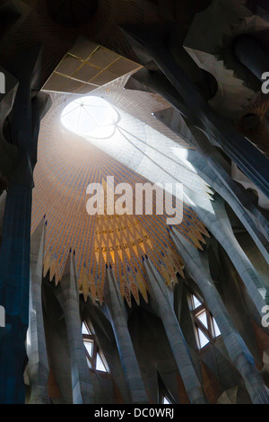 Streaming di luce attraverso il tetto circolare di luce sopra l'altare La Sagrada Familia Foto Stock