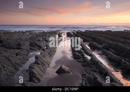 Rocce frastagliate che conducono al mare a bocca Welcombe, North Devon, Regno Unito. Foto Stock