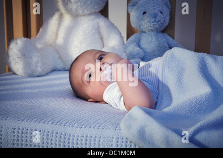 Baby boy e orsacchiotti nel presepe di notte Foto Stock