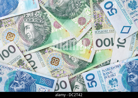 Zloty polacco di carta moneta per lo sfondo. Vista superiore Foto Stock