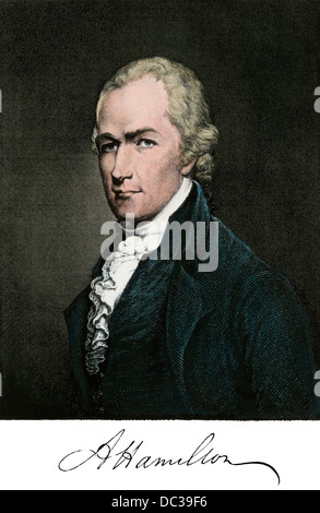 Alexander Hamilton, con autografo. Colorate a mano l'incisione Foto Stock