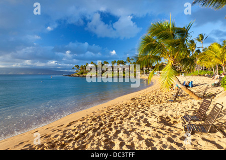 Napili Bay Beach in serata in Maui, Hawaii con alcuni turisti a prendere il sole e nuotare. Foto Stock