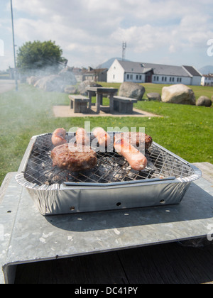 La cottura della carne su un barbecue monouso Foto Stock