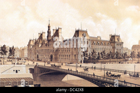 Incisione di Theodor Josef Hubert Hoffbauer (1839-1922), che mostra l'Hôtel de Ville de Paris nel 1883 Foto Stock