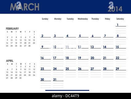 Calendario mensile per il 2014 anno - Marzo. Inizio domenica. Con mesi precedenti e successivi Foto Stock