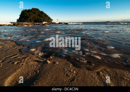 Praia Mansa (spiaggia tranquilla) in Caiobá, città Matinhos, dello stato del Paraná shore, Brasile del Sud. Isola tartaruga (Ilha da Tartaruga) Foto Stock