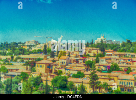 Mishkenot Sheananim, il primo quartiere ebraico al di fuori delle mura di Gerusalemme, foto con effetto di disegno Foto Stock