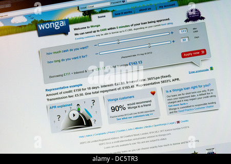 La home page di Wonga.com, il prestito di giorno di paga e di breve termine di elevato interesse società di credito. Foto Stock