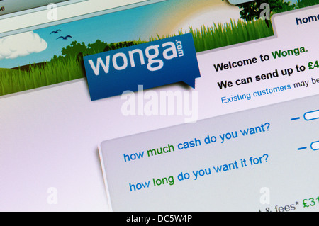 La home page di Wonga.com, il prestito di giorno di paga e di breve termine di elevato interesse società di credito. Foto Stock