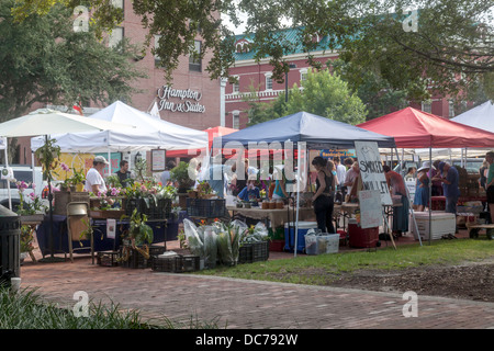 Piccolo centro contadino del mercato della vendita di ortaggi, piante e prodotti fatti a mano, Bo Diddley Plaza di fronte all'hotel Hampton Inn & Suites. Foto Stock