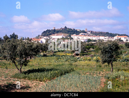 Vista su campi e città, PORTEL, regione Alentejo, Portogallo, Europa occidentale. Foto Stock