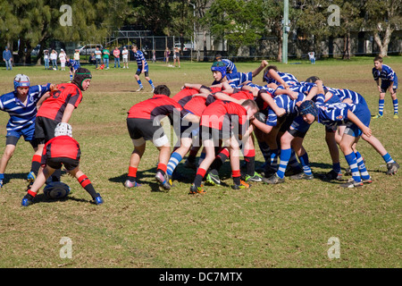 I ragazzi australiani giocano a rugby a newport, sydney, australia Foto Stock