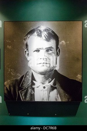 Mugshot dei fuorilegge Butch Cassidy in Wyoming Territorial Prison Museum, dove ha trascorso diciotto mesi nel 1896, Laramie, Wyoming USA Foto Stock