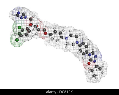 Itraconazolo farmaco antimicotico triazolico (classe), struttura chimica. Gli atomi sono rappresentati come sfere con colore convenzionale Foto Stock