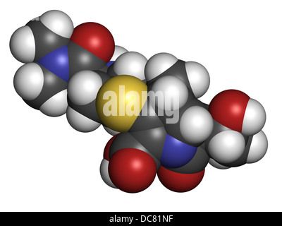 Meropenem antibiotico ad ampio spettro (carbapenem classe), struttura chimica atomi sono rappresentati come sfere. Foto Stock