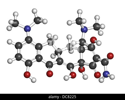 Minociclina farmaco antibiotico tetraciclina (classe), struttura chimica. Gli atomi sono rappresentati come sfere con colore convenzionale Foto Stock