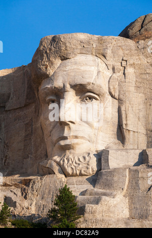 Vista ravvicinata della testa ritratto scultura di Abe Abraham Lincoln a Mt Mount Rushmore National Memorial monumento Foto Stock