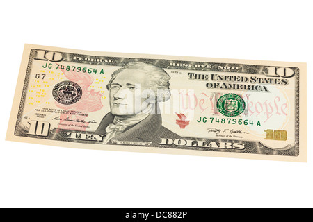 Dieci americano US dollar nota su sfondo bianco Foto Stock