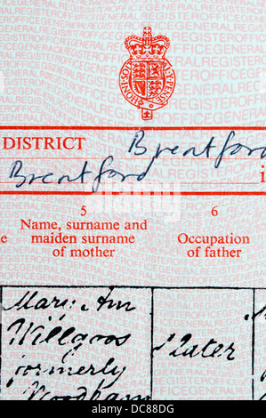 Dettaglio di un British Certificato di nascita. Foto Stock