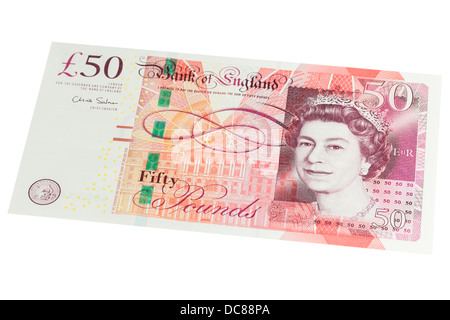 Inglese cinquanta pound nota su sfondo bianco Foto Stock