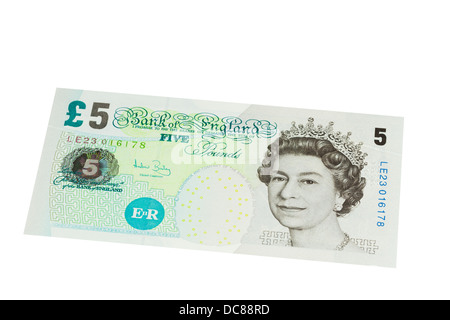 Inglese cinque pound nota su sfondo bianco Foto Stock