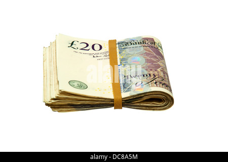 Ripiegate in contanti - 20 pound note con il tracciato di ritaglio su sfondo bianco Foto Stock